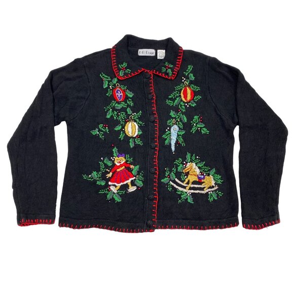 Womens Vtg Christmas Cardigan Sweater BP Design Medium Black Embroidered Beaded - Picture 16 of 16